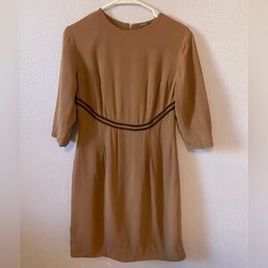 Vintage style brown dress with dark brown empire waist style trim detail